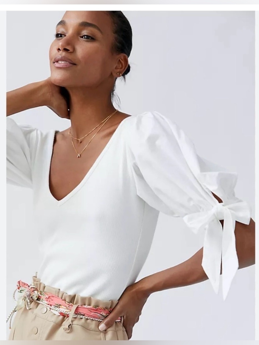 Anthropologie Maeve Ivory V-Neck Puff Sleeve Tie Top Size M